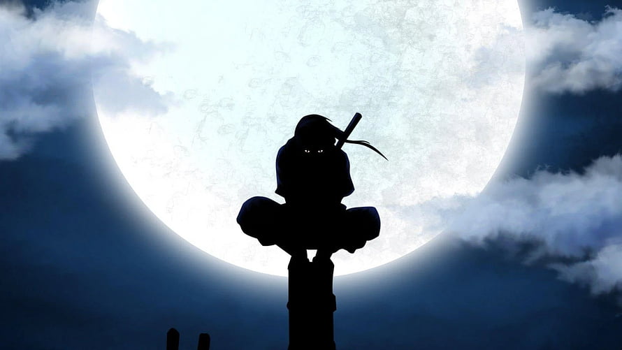 Silhouette of a Ninja Sitting on a Post Against a Giant Full Moon HD wallpaper