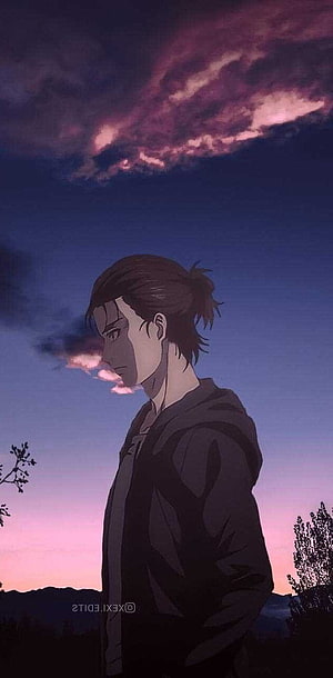 Eren Yeager Anime Character Profile Against Purple Sunset Sky HD phone wallpaper