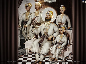 Guru Gobind Singh and the Four Sahibzaade in Traditional Sikh Attire HD wallpaper