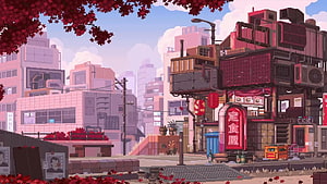 Pixel Art Japanese City Street With Red Autumn Leaves And Traditional Restaurant Sign HD wallpaper