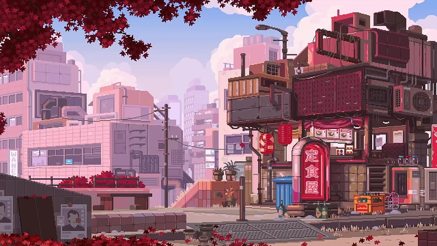 Pixel Art Japanese City Street With Red Autumn Leaves And Traditional Restaurant Sign HD wallpaper