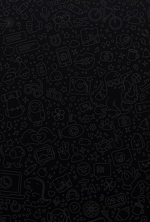 Dark doodle pattern wallpaper with playful icons and line art on black background HD phone wallpaper