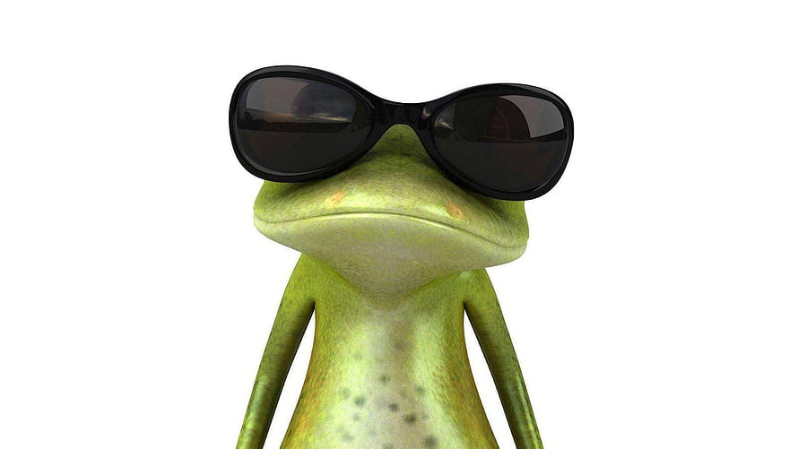 Cool 3D Green Frog Wearing Black Sunglasses on White Background HD wallpaper