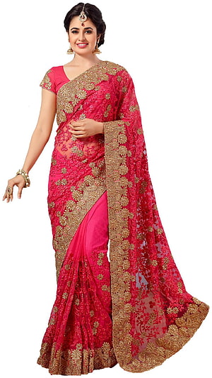 Elegant Pink and Gold Embroidered Saree with Traditional Indian Jewelry HD phone wallpaper