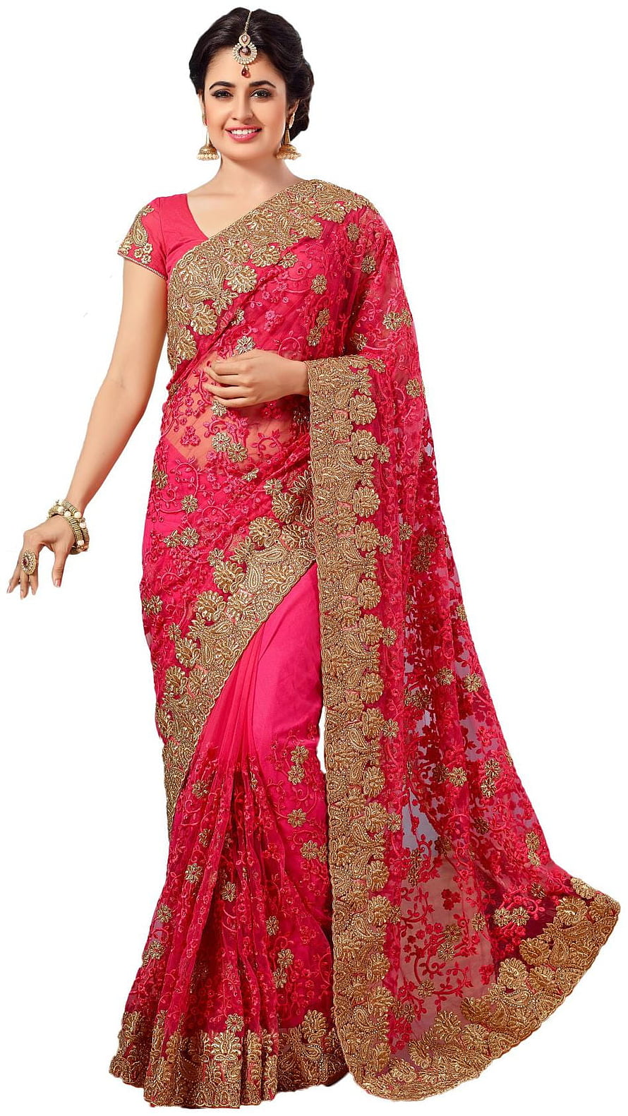 Elegant Pink and Gold Embroidered Saree with Traditional Indian Jewelry HD phone wallpaper