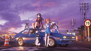 Neon Genesis Evangelion Characters Asuka Misato and Rei with Blue Car at Sunset HD wallpaper