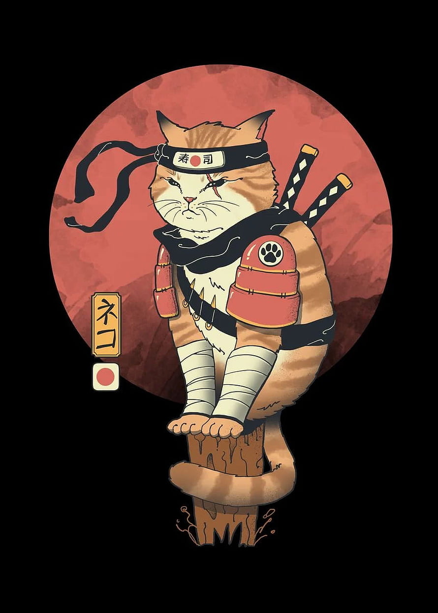 Samurai Cat Warrior with Dual Swords and Red Moon Background HD phone wallpaper