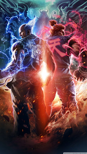 Tekken 8 Heihachi and Kazuya Mishima Back to Back with Lightning and Fire Energy HD phone wallpaper