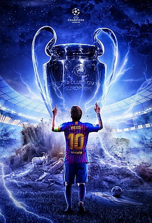 Lionel Messi Reaching for the UEFA Champions League Trophy in a Dramatic Blue Stadium HD phone wallpaper