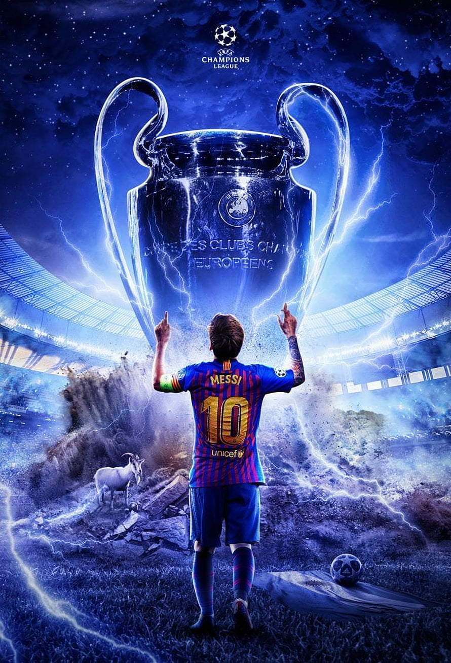Lionel Messi Reaching for the UEFA Champions League Trophy in a Dramatic Blue Stadium HD phone wallpaper
