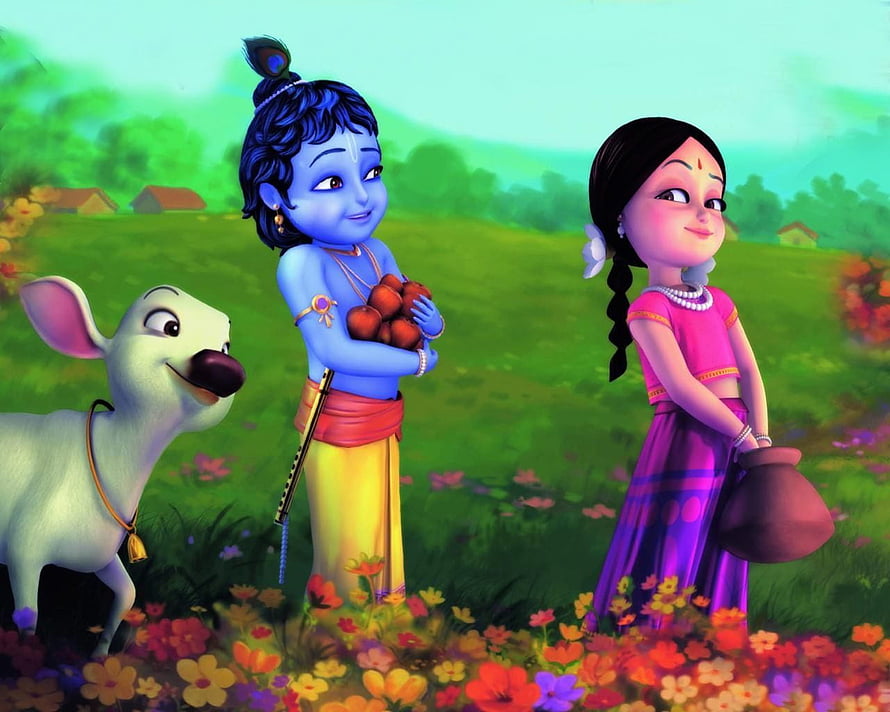 Radha Krishna and Cow in a Vibrant Flower Meadow HD wallpaper