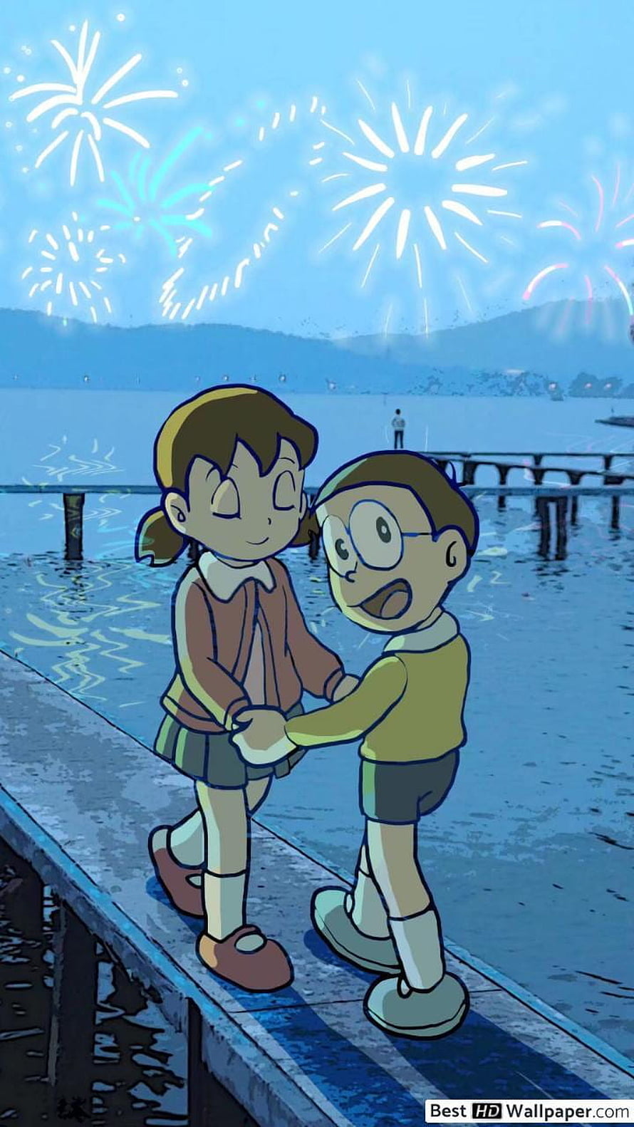 Nobita and Shizuka holding hands on a pier under a night sky filled with colorful fireworks HD phone wallpaper