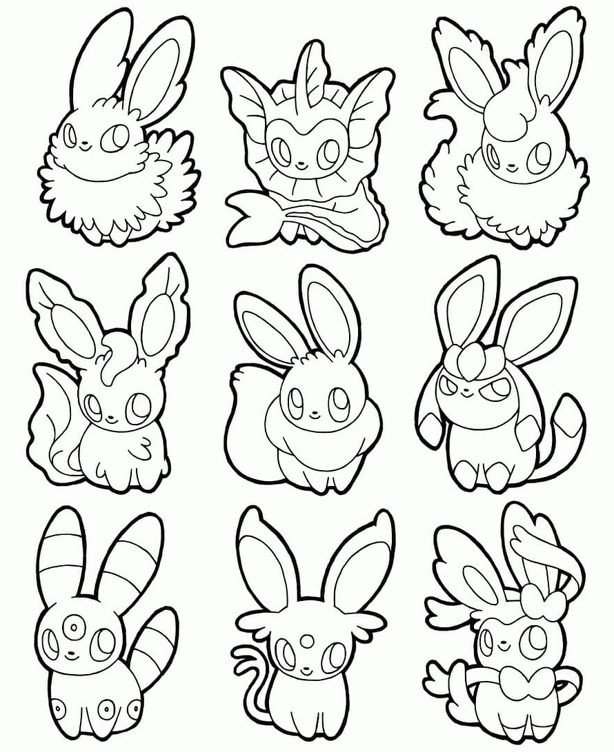 Eevee Evolutions Coloring Page Featuring Nine Cute Pokemon Line Art Characters HD phone wallpaper