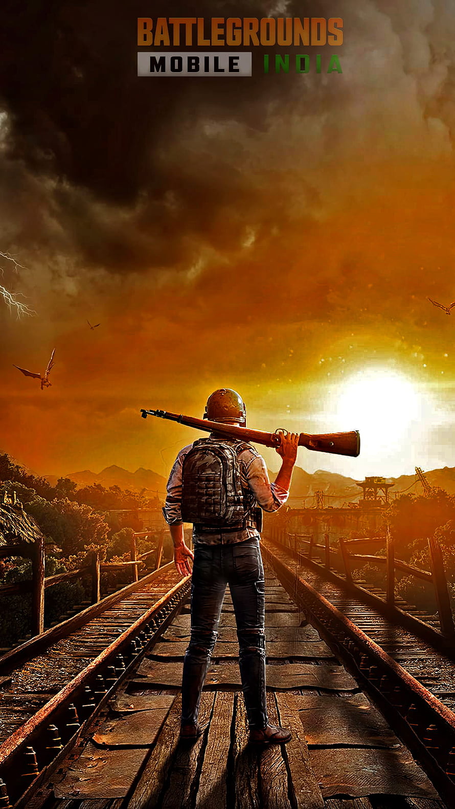 Battlegrounds Mobile India soldier with rifle on railway tracks at sunset HD phone wallpaper