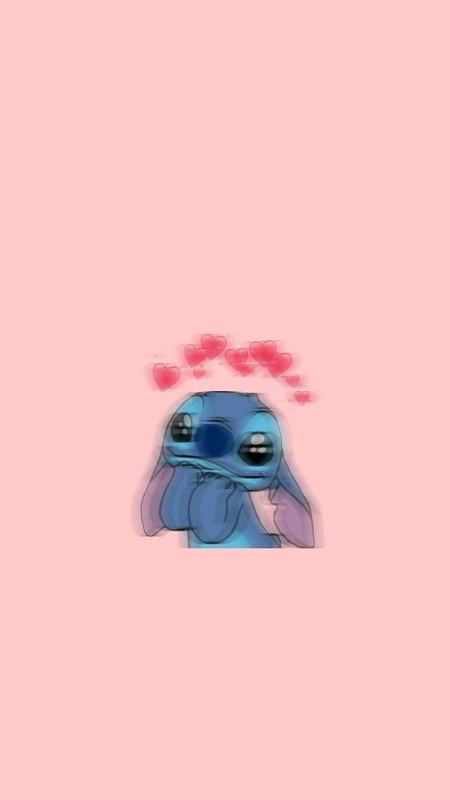 Cute Blue Stitch Character With Floating Hearts On Soft Pink Background HD phone wallpaper