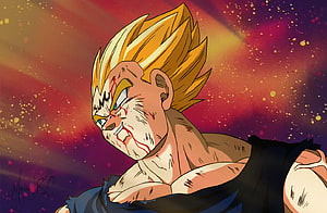Majin Vegeta Anime Illustration With Golden Hair And Battle Wounds HD wallpaper