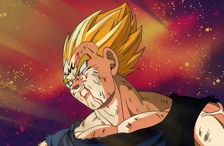 Majin Vegeta Anime Illustration With Golden Hair And Battle Wounds HD wallpaper
