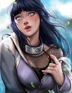 Hinata Hyuga from Naruto wearing a Konoha headband with a surprised expression and windblown dark hair HD phone wallpaper
