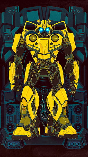 Bumblebee Robot Standing in Industrial Control Room with Glowing Blue Eyes HD phone wallpaper