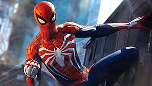 Spider-Man in Advanced Suit Leaping Through City, Marvel's Spider, marvels spiderman HD wallpaper