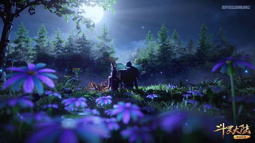 Soul Land: Nighttime Forest Scene with Glowing Flowers and Two Characters Under a Full Moon HD wallpaper
