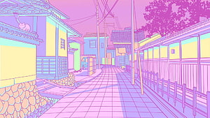 Pastel Purple Japanese Street Scene with Traditional Houses and Cat HD wallpaper