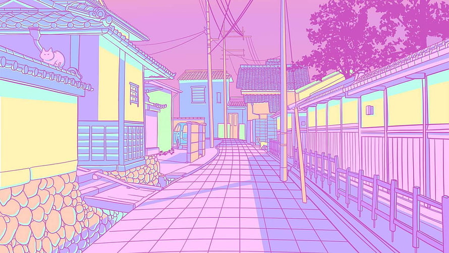 Pastel Purple Japanese Street Scene with Traditional Houses and Cat HD wallpaper