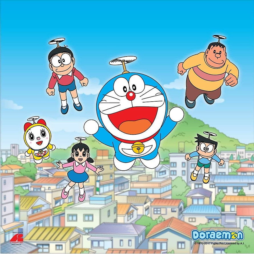 Doraemon and Friends Flying Over a Japanese Cityscape with Propellers HD phone wallpaper