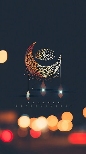 Elegant Ramadan Kareem Crescent Moon with Hanging Lanterns and Bokeh Lights HD phone wallpaper