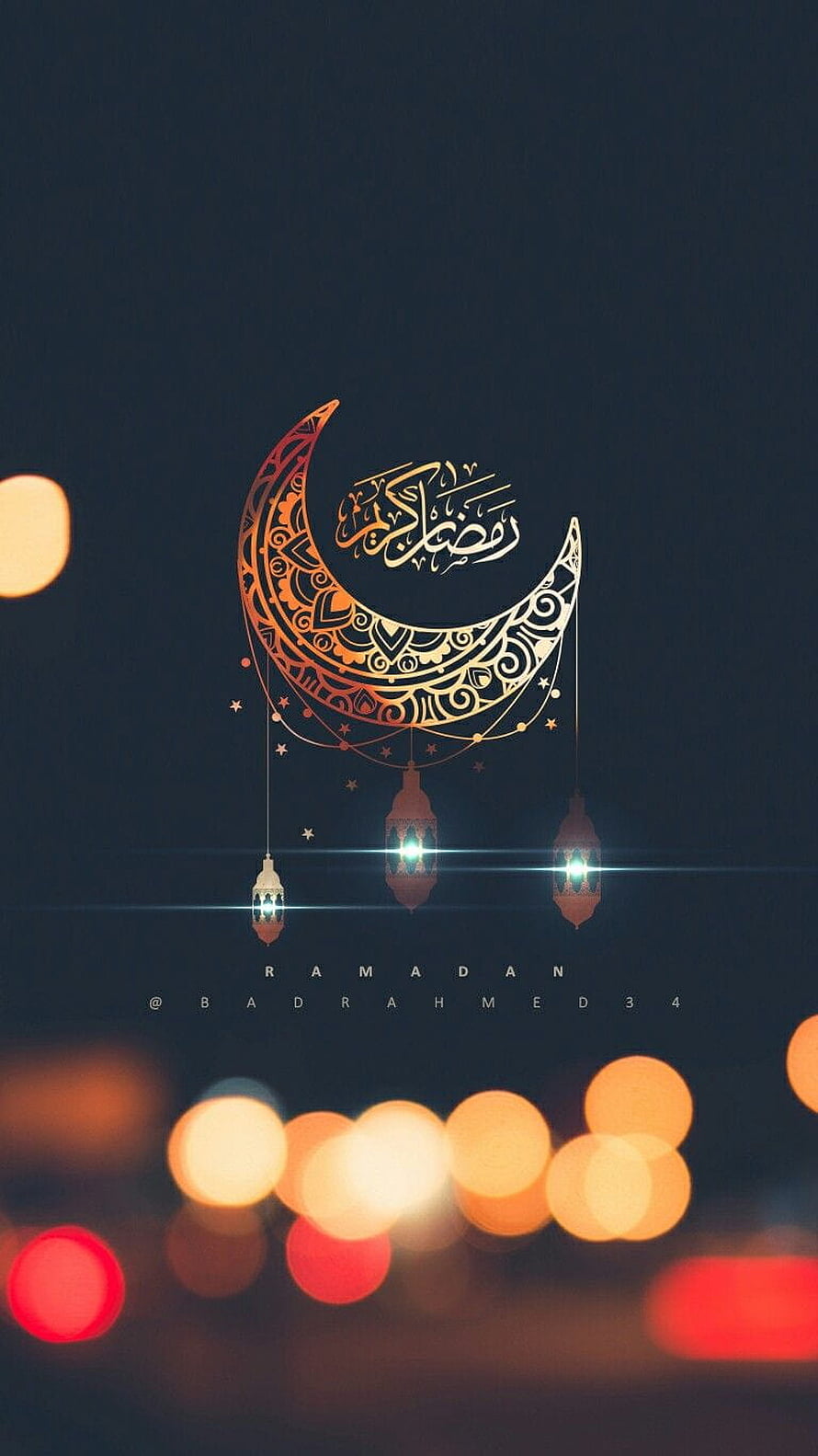 Elegant Ramadan Kareem Crescent Moon with Hanging Lanterns and Bokeh Lights HD phone wallpaper