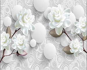 Elegant White Camellia Blossoms on Intricate Lace Pattern Background HD wallpaper