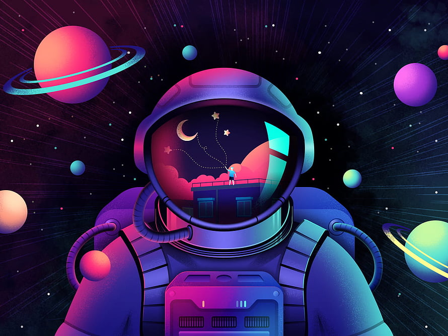 Vibrant Astronaut Helmet Reflection with Planets and Starry Night Sky Digital Art HD wallpaper
