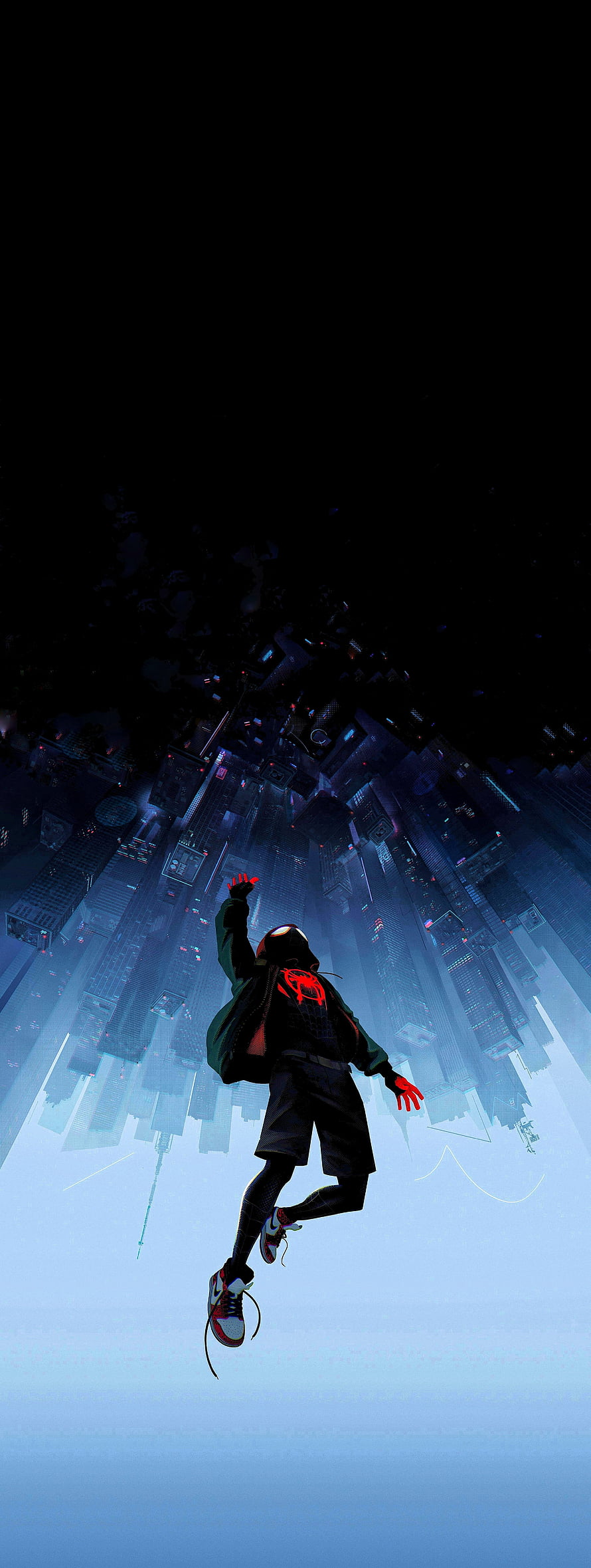 Miles Morales Spider-Man Falling Through Upside Down City Skyline, Spider Verse Xs Max list.co, into the spider verse HD phone wallpaper