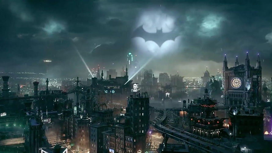 Gotham City skyline at night with the Bat-Signal shining through dark storm clouds over a gothic metropolis HD wallpaper