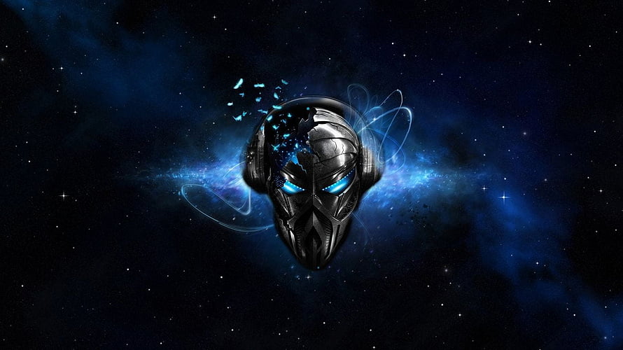 Futuristic Cybernetic Skull with Glowing Blue Eyes Against a Cosmic Nebula Background HD wallpaper