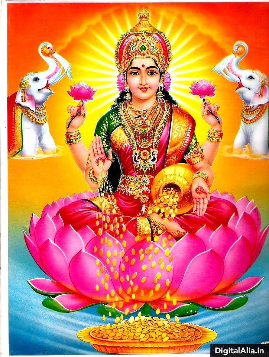 Goddess Lakshmi Sitting on Lotus with Elephants Pouring Water and Gold Coins HD phone wallpaper