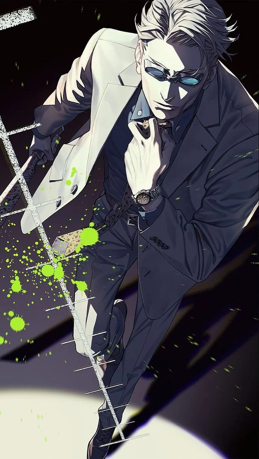 Kento Nanami in White Suit with Sunglasses and Green Splatter Art HD phone wallpaper
