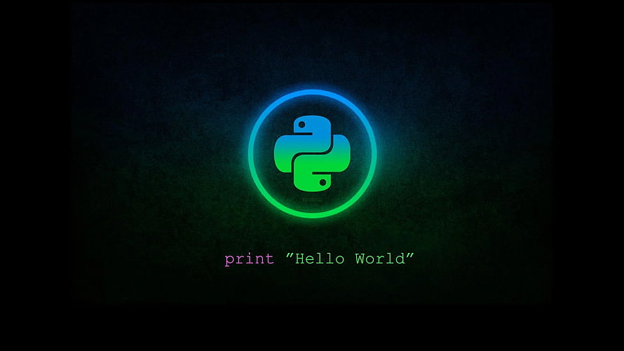Glowing Python Programming Logo with Hello World Code on Dark Background HD wallpaper