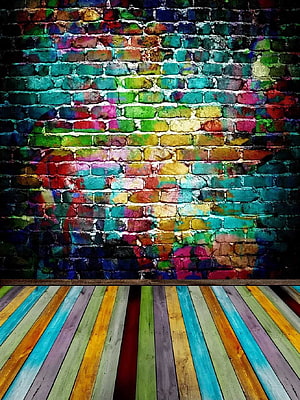 Vibrant Rainbow Brick Wall and Colorful Wooden Floor Studio Backdrop HD phone wallpaper