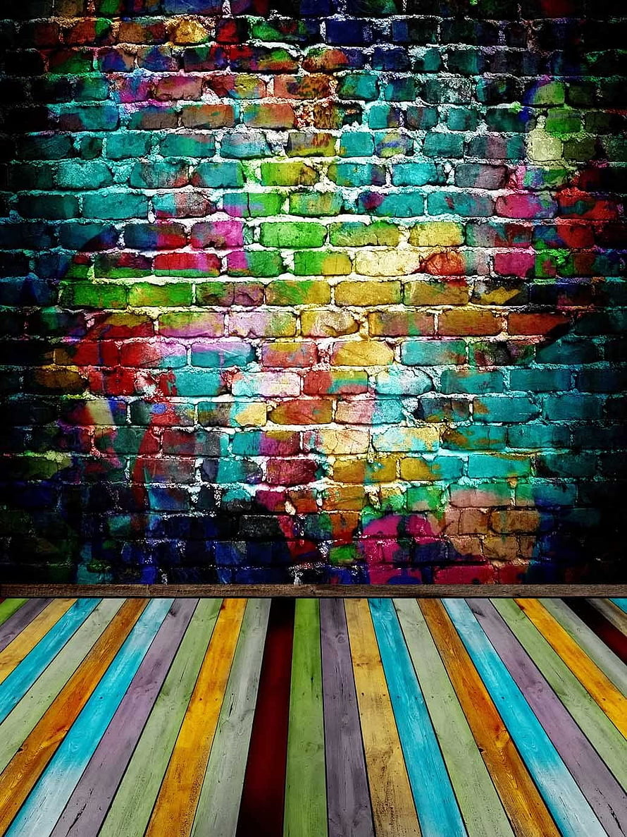 Vibrant Rainbow Brick Wall and Colorful Wooden Floor Studio Backdrop HD phone wallpaper