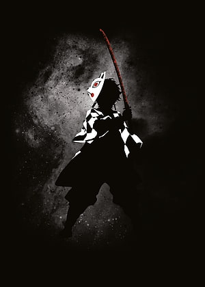 Demon Slayer Character in Fox Mask Wielding Katana Against Dark Nebula Background HD phone wallpaper