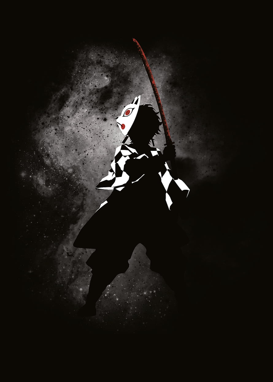 Demon Slayer Character in Fox Mask Wielding Katana Against Dark Nebula Background HD phone wallpaper