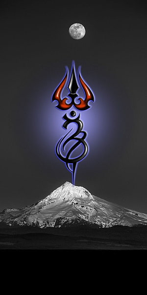 Ethereal tribal flame symbol glowing above a snow-capped mountain peak under a full moon HD phone wallpaper