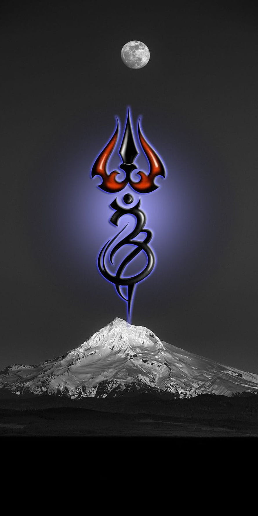 Ethereal tribal flame symbol glowing above a snow-capped mountain peak under a full moon HD phone wallpaper