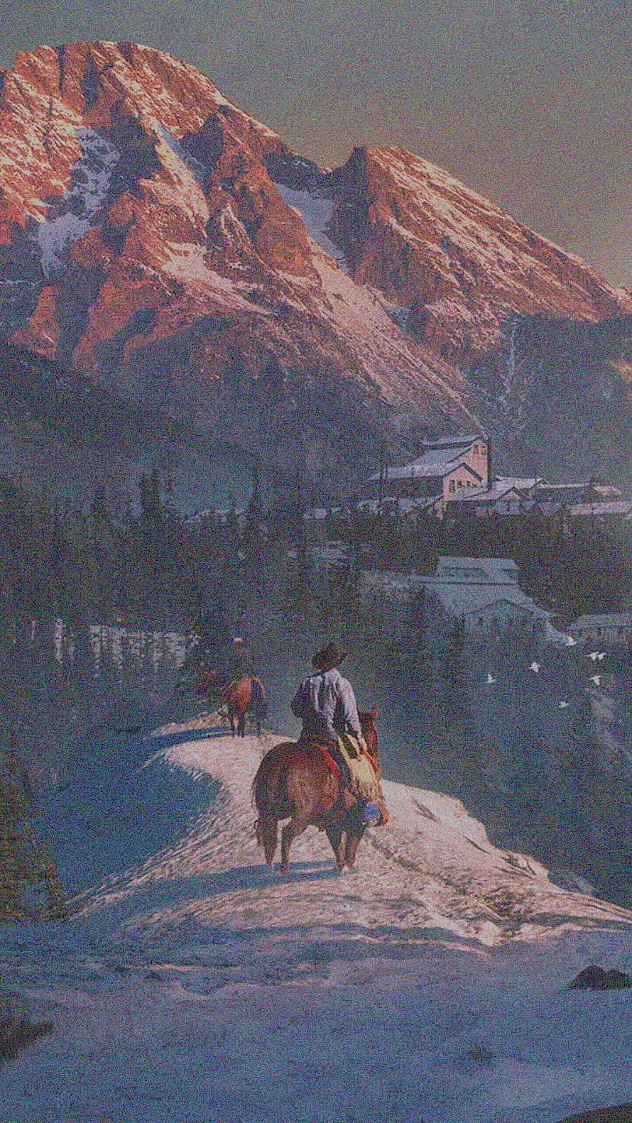 Red Dead Redemption 2 Cowboy Riding Horse Through Snowy Mountain Valley at Dusk HD phone wallpaper