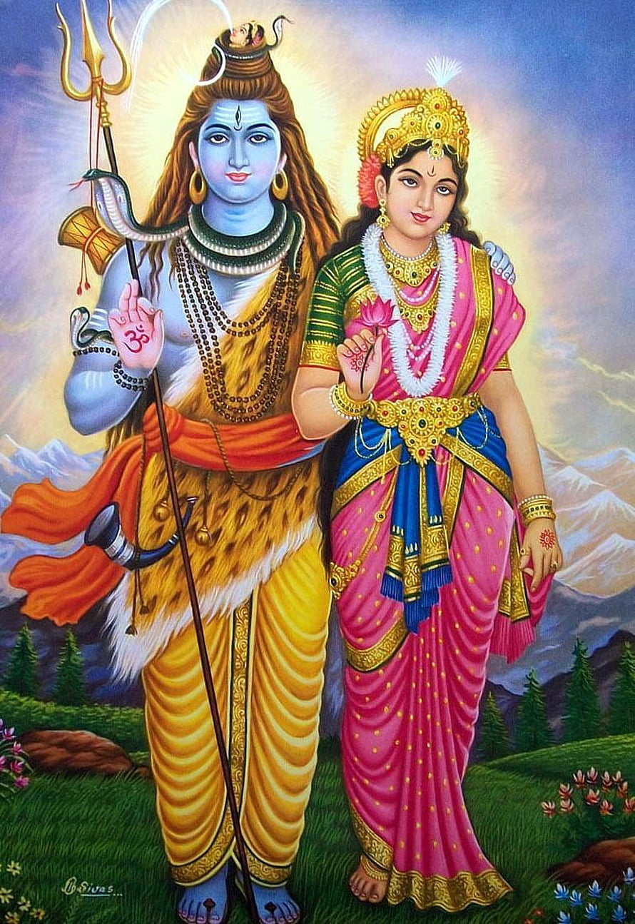 Shiva and Parvati Divine Couple Painting with Trishul and Lotus in Himalayan Landscape HD phone wallpaper