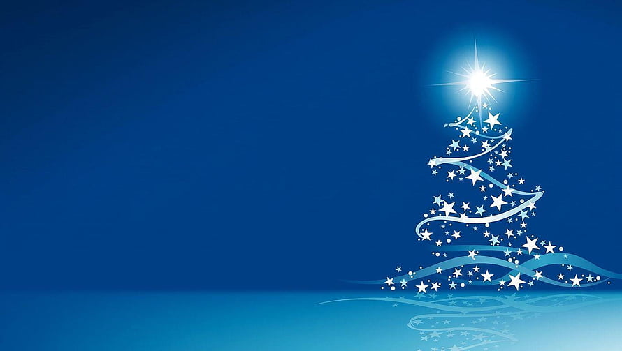 Abstract Blue Christmas Tree With Stars And Glowing Topper On Dark Background HD wallpaper