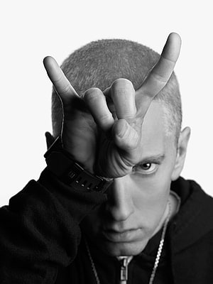 Eminem Black and White Portrait with Horns Hand Gesture HD phone wallpaper