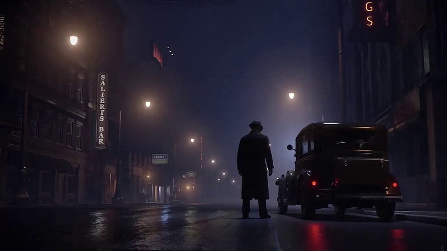 Tommy Angelo Standing on a Rainy Street in Mafia Definitive Edition HD wallpaper