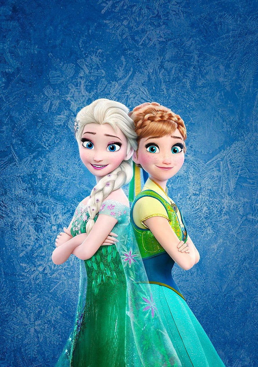 Elsa and Anna in Green Dresses from Frozen Fever on Blue Snowflake Background HD phone wallpaper